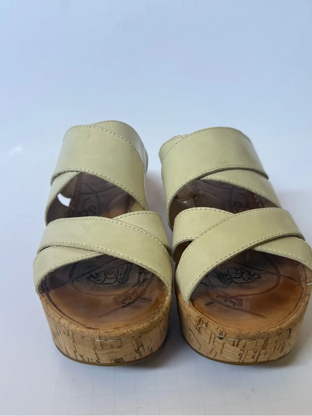 Born Cream Leather Cork Wedge Slide Sandals
